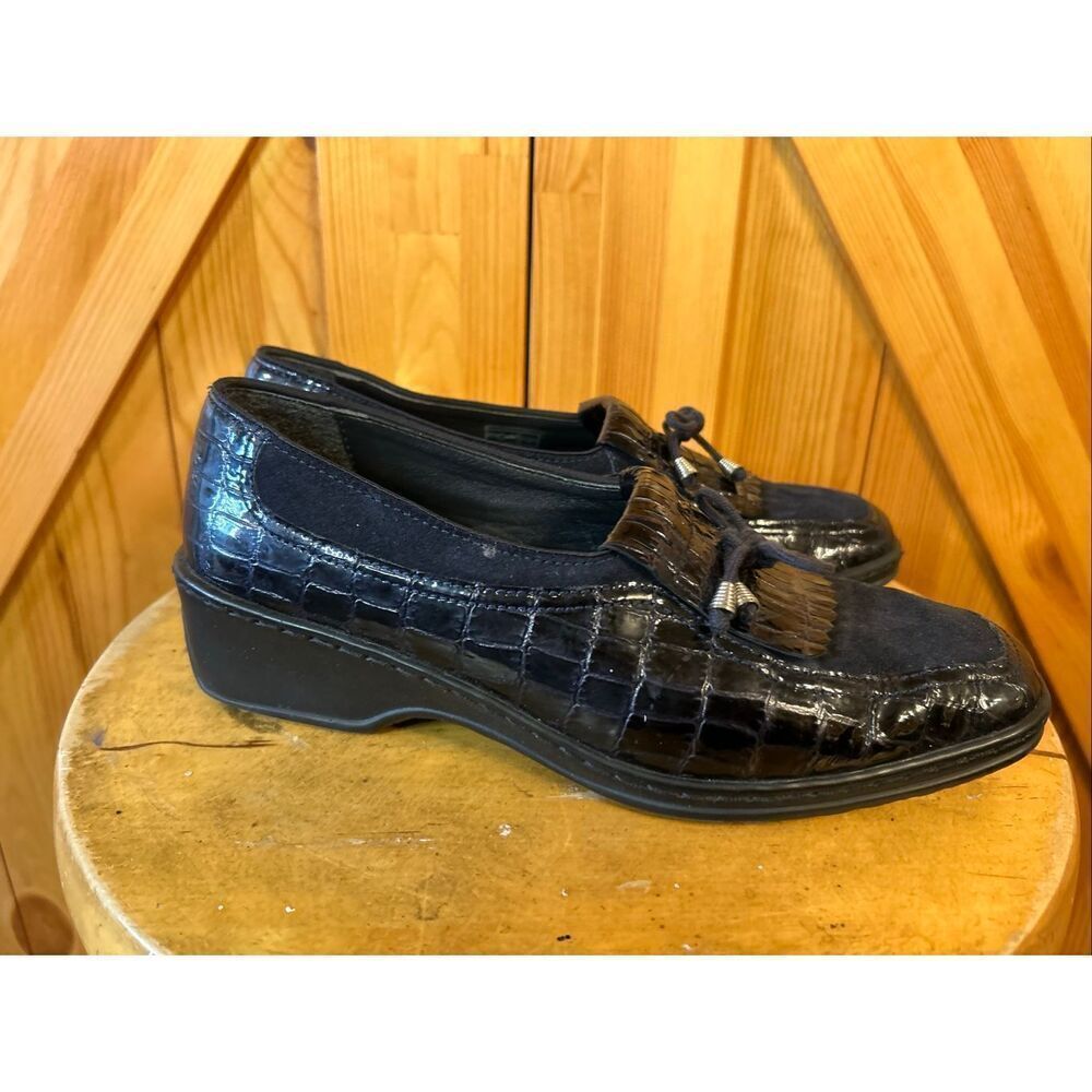 Ara Black Embossed Leather & Suede Loafers Size 7.5